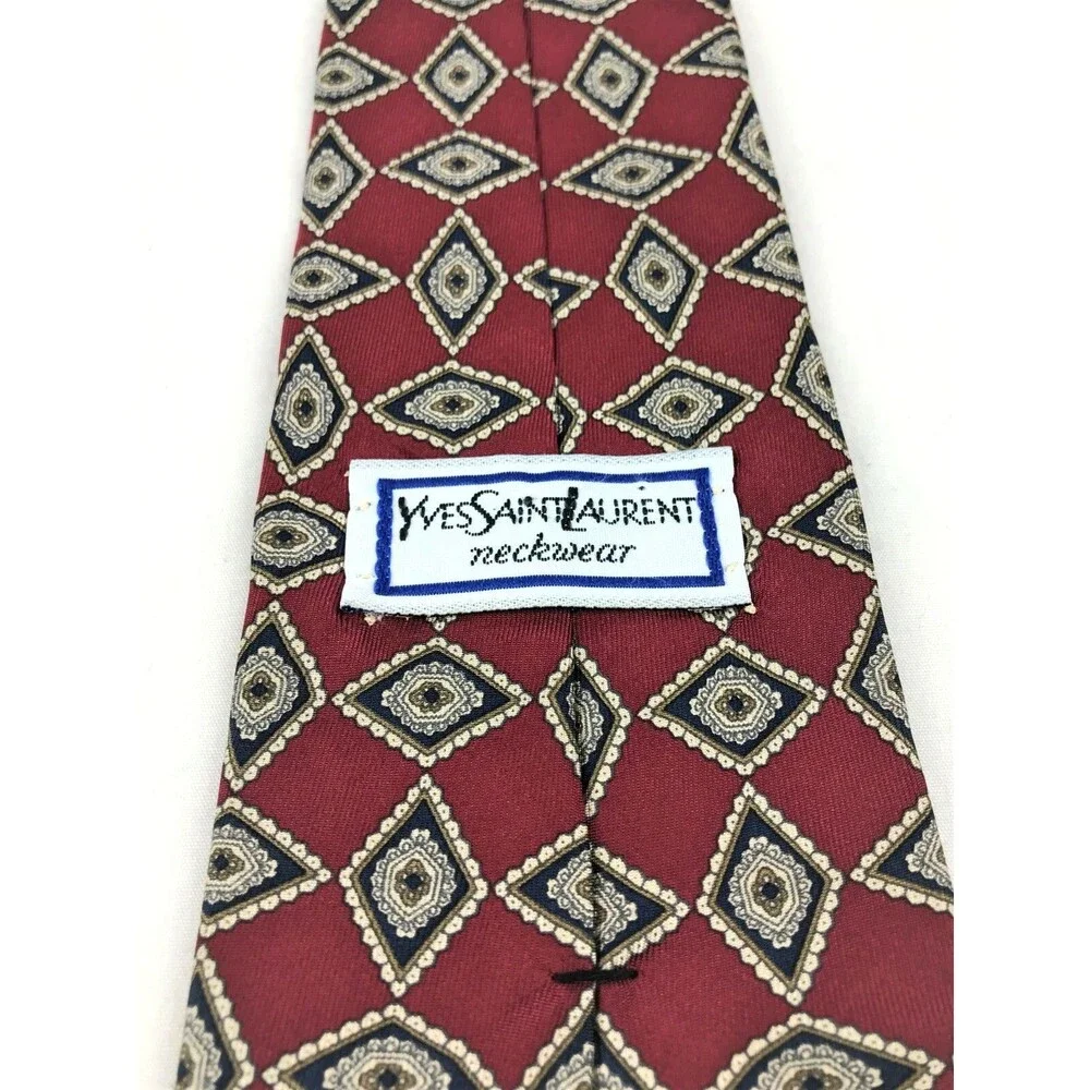 Yves Saint Laurent Burgundy Geometric Diamond Print Silk Vintage Men Neck Tie